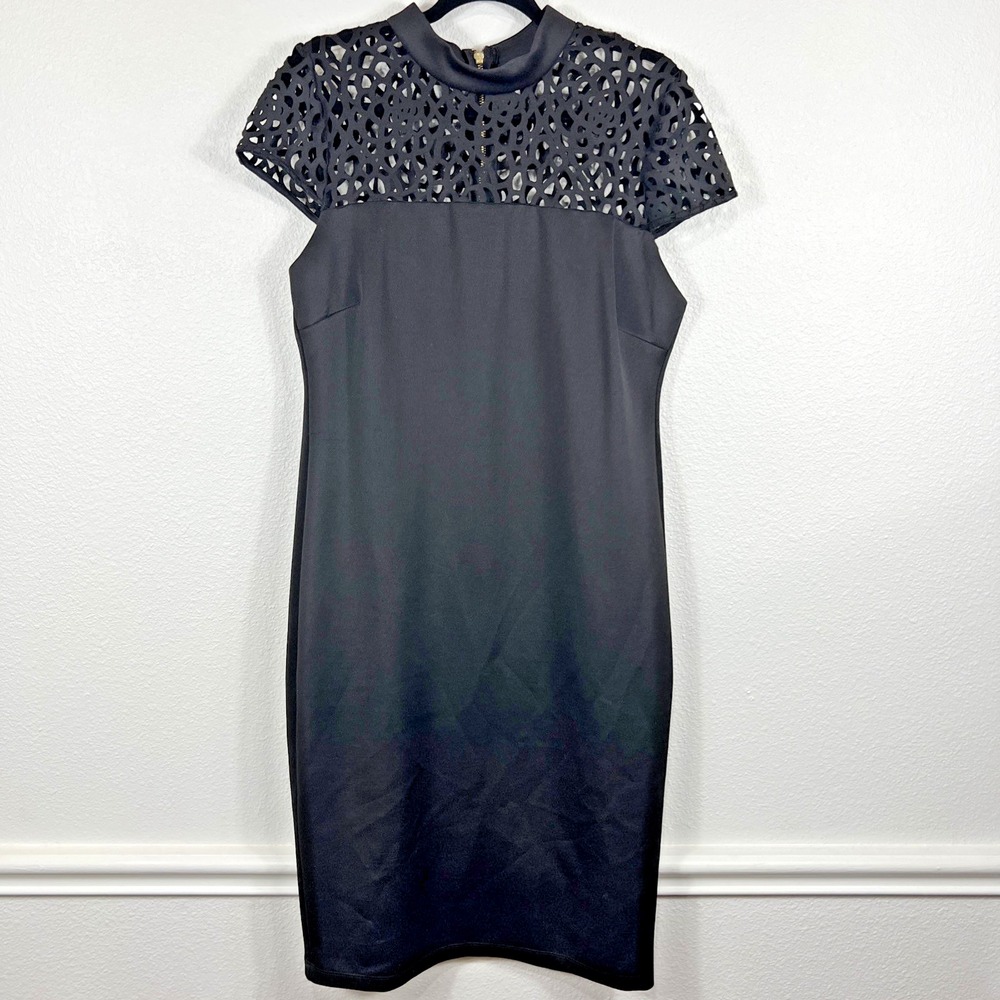 Premier Amourβ Sheath Dress Laser Cut Out Mock Neck Black Women Size 14